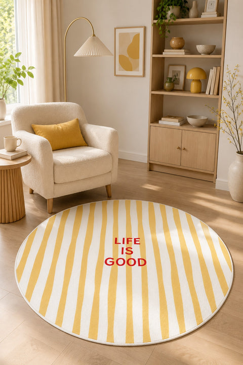 Ethnic Retro Round Area Rug – Yellow in a living room