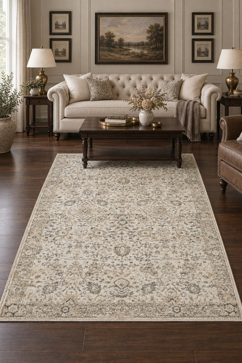 Ethnic Vintage Area Rug – Beige in a living room