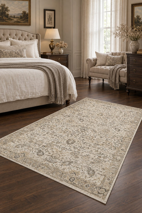 Ethnic Vintage Area Rug – Beige in a bedroom