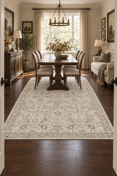 Ethnic Vintage Area Rug – Beige in a dining room