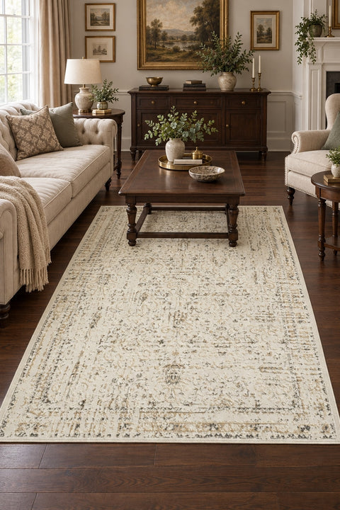 Ethnic Vintage Area Rug – Beige 2088 in a living room