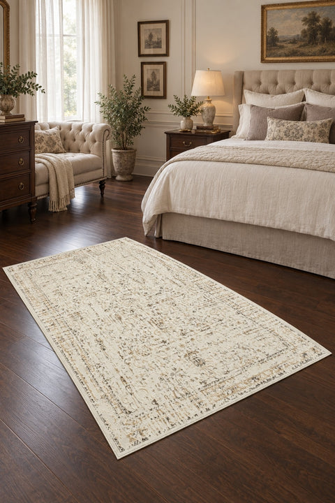Ethnic Vintage Area Rug – Beige 2088 in a bedroom