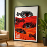 Fantasy Surreal Pop Art Wall Art – Red Fish Eyes and Bold Typography