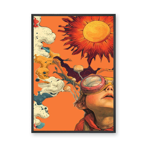 Fantasy-Surreal Retro Wall Art – Goggled Child Beneath a Fiery Sun
