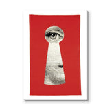 Fantasy-Surreal Vintage Pop-Art Wall Art – Eye Through a Red Keyhole