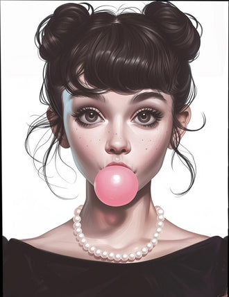 Fashion Portrait Pop-Art Wall Art – Big-Eyed Girl Blowing Pink Bubble Gum