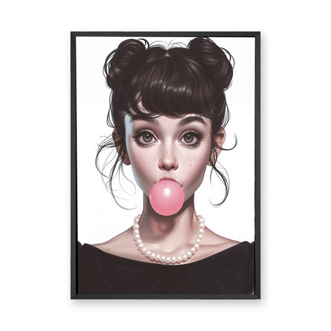 Fashion Portrait Pop-Art Wall Art – Big-Eyed Girl Blowing Pink Bubble Gum
