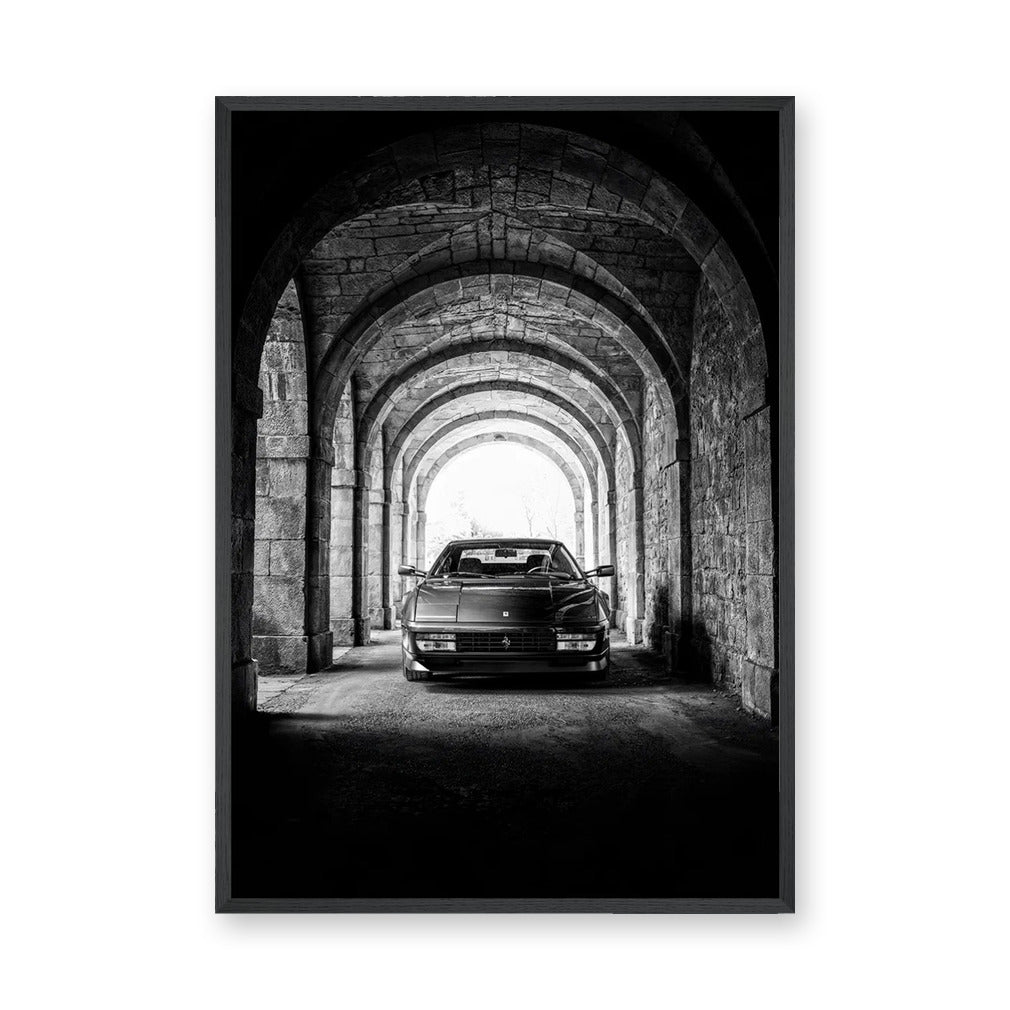 Ferrari Testarossa Vintage Wall Art – Black-and-White Archway Photo