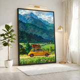 Fiat 500 Mountain Landscape Retro Wall Art – Yellow Road Trip Print