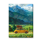 Fiat 500 Mountain Landscape Retro Wall Art – Yellow Road Trip Print