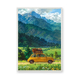 Fiat 500 Mountain Landscape Retro Wall Art – Yellow Road Trip Print