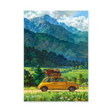 Fiat 500 Mountain Landscape Retro Wall Art – Yellow Road Trip Print