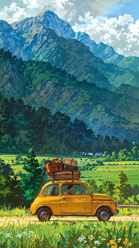 Fiat 500 Mountain Landscape Retro Wall Art – Yellow Road Trip Print