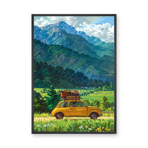 Fiat 500 Mountain Landscape Retro Wall Art – Yellow Road Trip Print