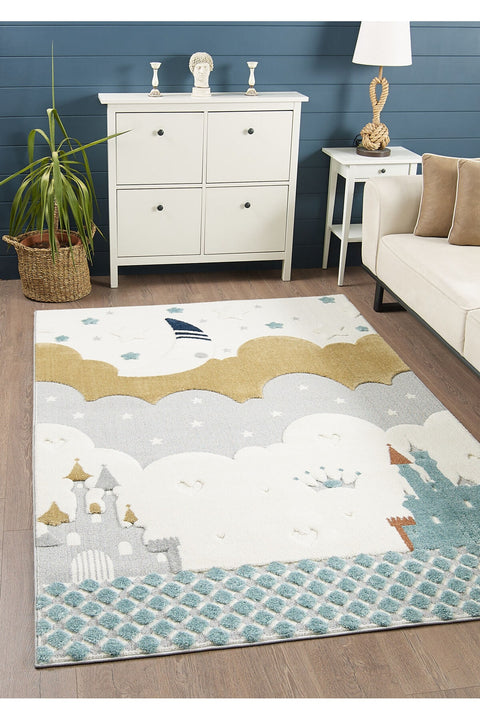 Figural Kids Shag Area Rug – Cream & Gray in a living room