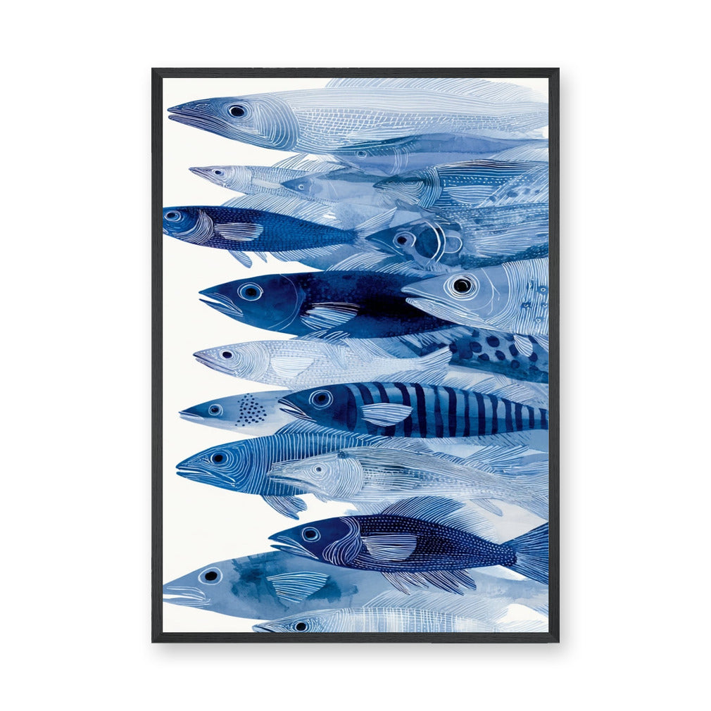 Fish Coastal Wall Art – Layered Blue Line Art Sea Life Print