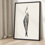 Fish Hook Vintage Wall Art – Black Ink Illustration on Cream