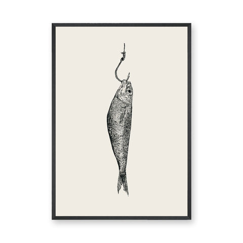 Fish Hook Vintage Wall Art – Black Ink Illustration on Cream