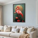 Flamingo Botanical Vintage Wall Art – Pink Tropical Flowers and Gold Sun