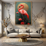 Flamingo Botanical Vintage Wall Art – Pink Tropical Flowers and Gold Sun