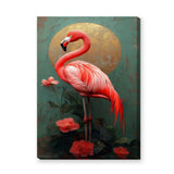 Flamingo Botanical Vintage Wall Art – Pink Tropical Flowers and Gold Sun