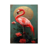 Flamingo Botanical Vintage Wall Art – Pink Tropical Flowers and Gold Sun