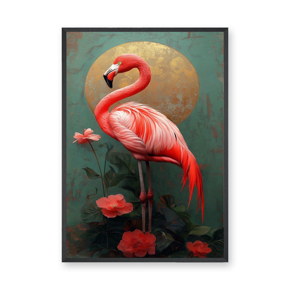 Flamingo Botanical Vintage Wall Art – Pink Tropical Flowers and Gold Sun