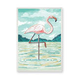Flamingo Coastal Wall Art – Pastel Bird in Teal Water