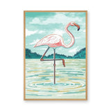 Flamingo Coastal Wall Art – Pastel Bird in Teal Water