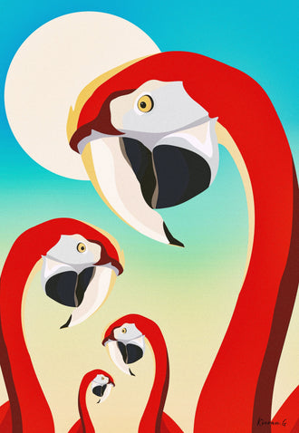 Flamingo Modern Pop-Art Wall Art – Red Birds on Teal and Cream