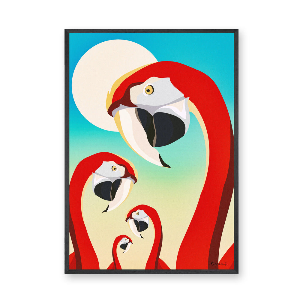 Flamingo Modern Pop-Art Wall Art – Red Birds on Teal and Cream