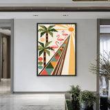 Flamingo Palm Retro Wall Art – Tropical Geometric Sun Scene