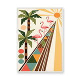Flamingo Palm Retro Wall Art – Tropical Geometric Sun Scene