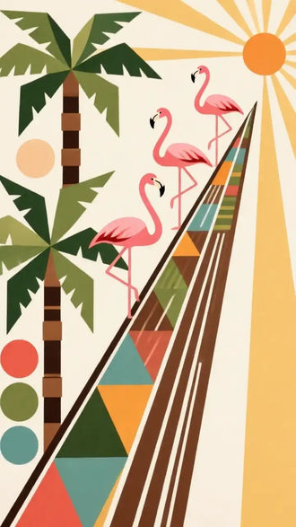 Flamingo Palm Retro Wall Art – Tropical Geometric Sun Scene