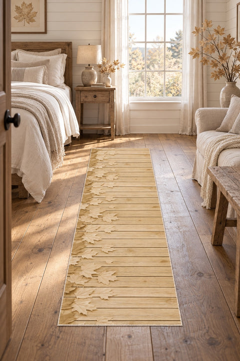 Floral 3D Runner Rug – Beige in a bedroom
