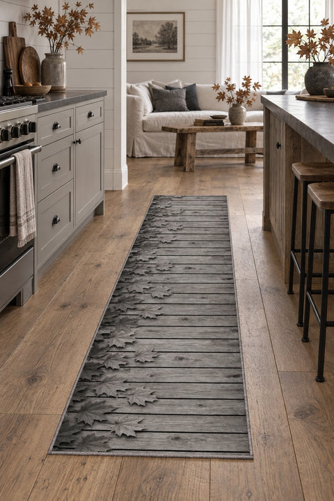 Floral 3D Runner Rug – Charcoal in a kitchen