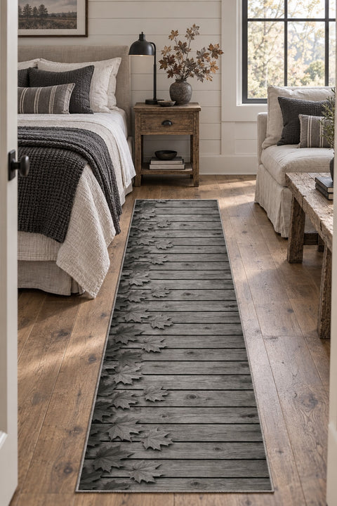 Floral 3D Runner Rug – Charcoal in a bedroom