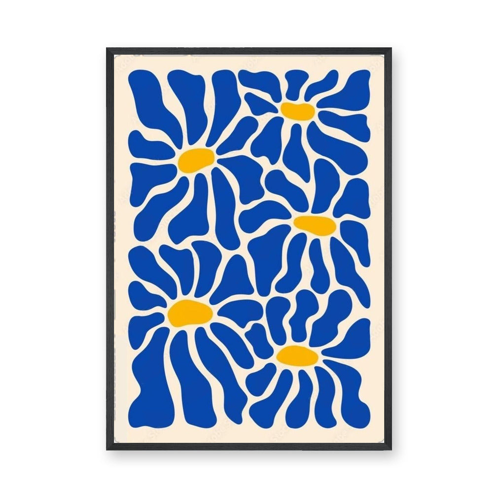Floral Abstract Wall Art – Blue Daisies on Cream Background