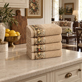 Floral Border Cotton Kitchen Towel Set of 4 – Brown in a kitchen