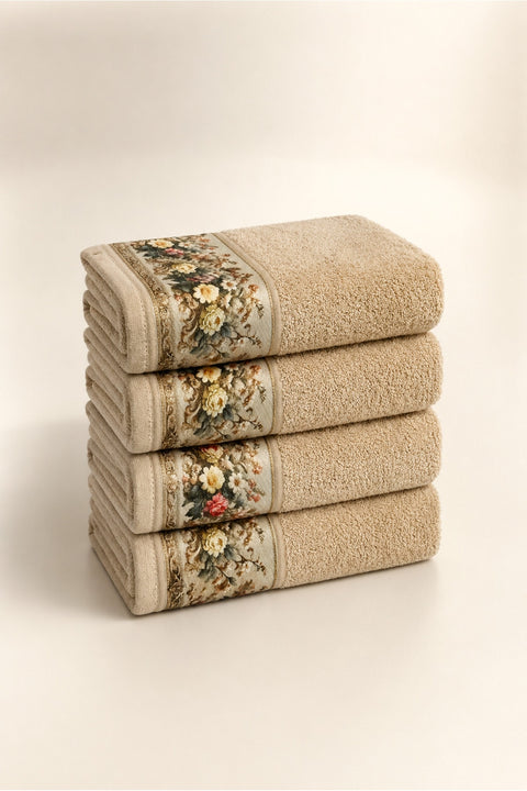 Floral Border Cotton Kitchen Towel Set of 4 – Brown