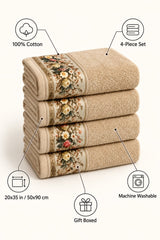 Floral Border Cotton Kitchen Towel Set of 4 – Brown – features