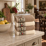 Floral Border Cotton Kitchen Towel Set of 4 – Brown & Cream in a kitchen