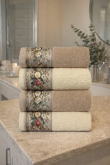 Floral Border Cotton Kitchen Towel Set of 4 – Brown & Cream in a bathroom