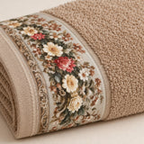 Floral Border Cotton Kitchen Towel Set of 4 – Brown & Cream – texture close-up