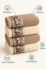 Floral Border Cotton Kitchen Towel Set of 4 – Brown & Cream – features
