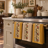 Floral Border Cotton Kitchen Towel Set of 4 – Brown & Mustard in a kitchen