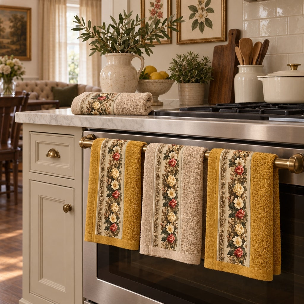 Floral Border Cotton Kitchen Towel Set of 4 – Brown & Mustard in a kitchen