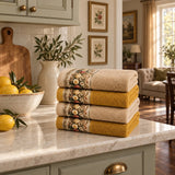 Floral Border Cotton Kitchen Towel Set of 4 – Brown & Mustard in a kitchen
