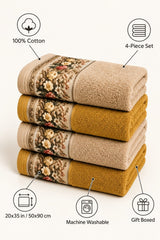 Floral Border Cotton Kitchen Towel Set of 4 – Brown & Mustard – features