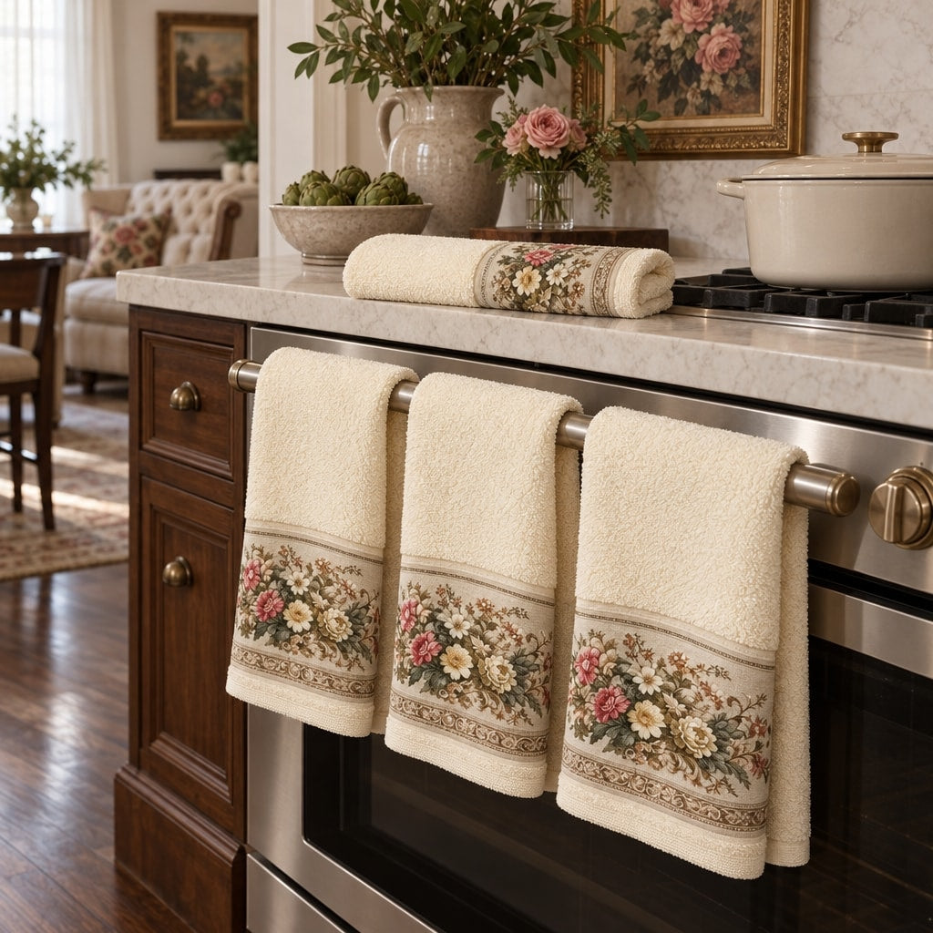 Floral Border Cotton Kitchen Towel Set of 4 – Cream in a kitchen